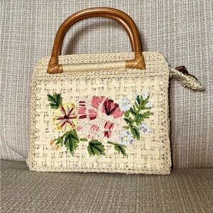 Vintage Fossil Straw Mini Bag with Floral Embroidery Wooden Handles